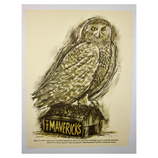 Owl perched on a box labeled ’The Mavericks’ in a sketched artistic style.