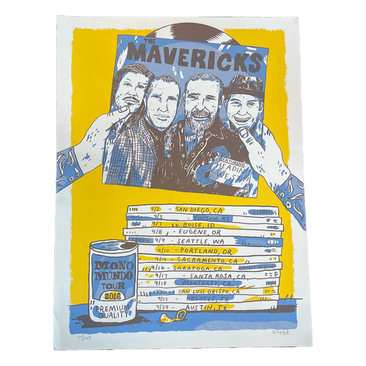 Poster featuring a band photo and album collection with a yellow background.