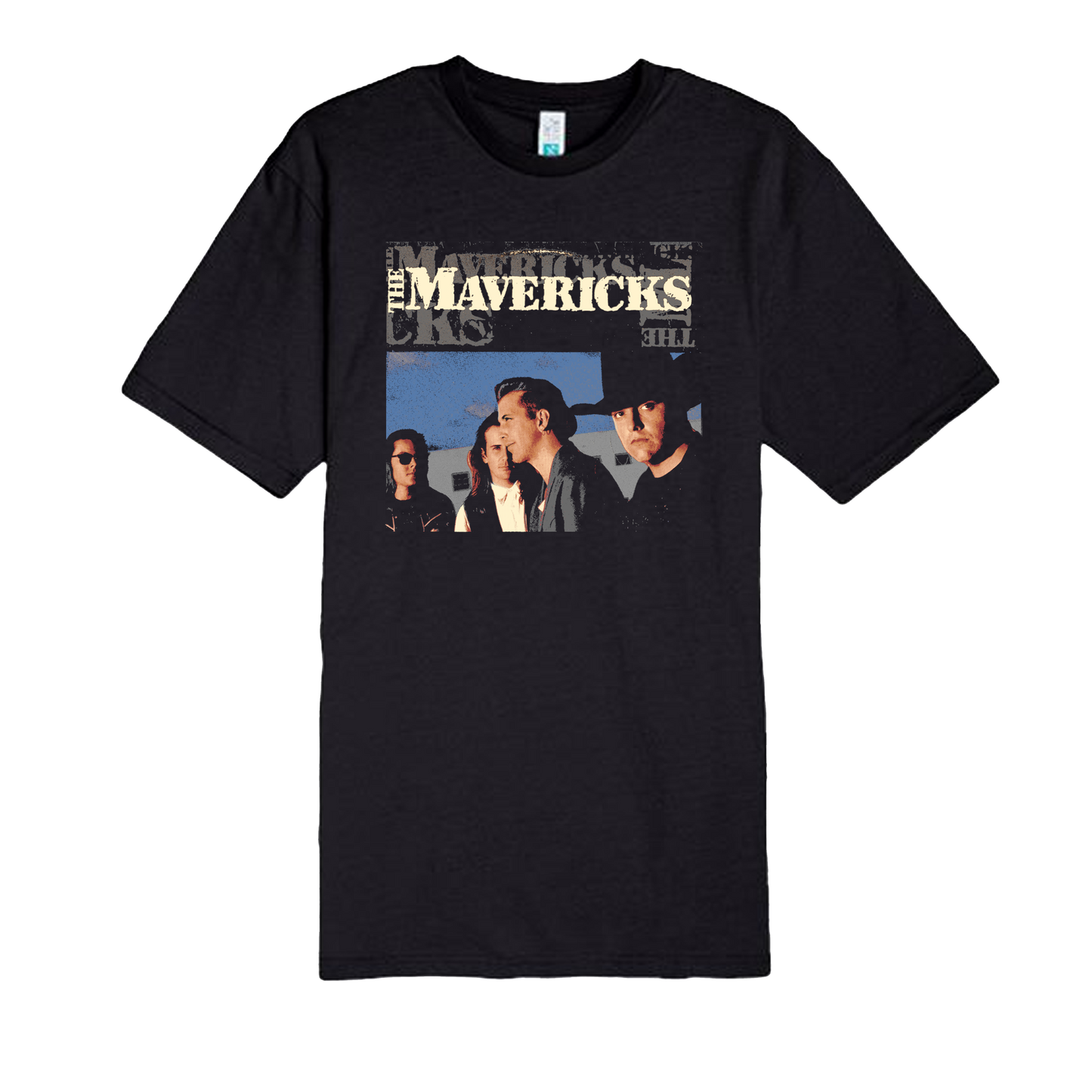 Black t-shirt with 'The Mavericks' graphic design on a white background