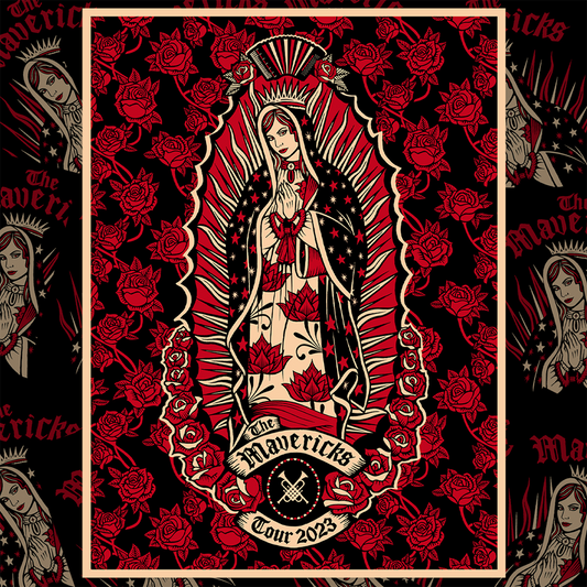 Stylized depiction of Our Lady of Guadalupe surrounded by red roses and ornate patterns.