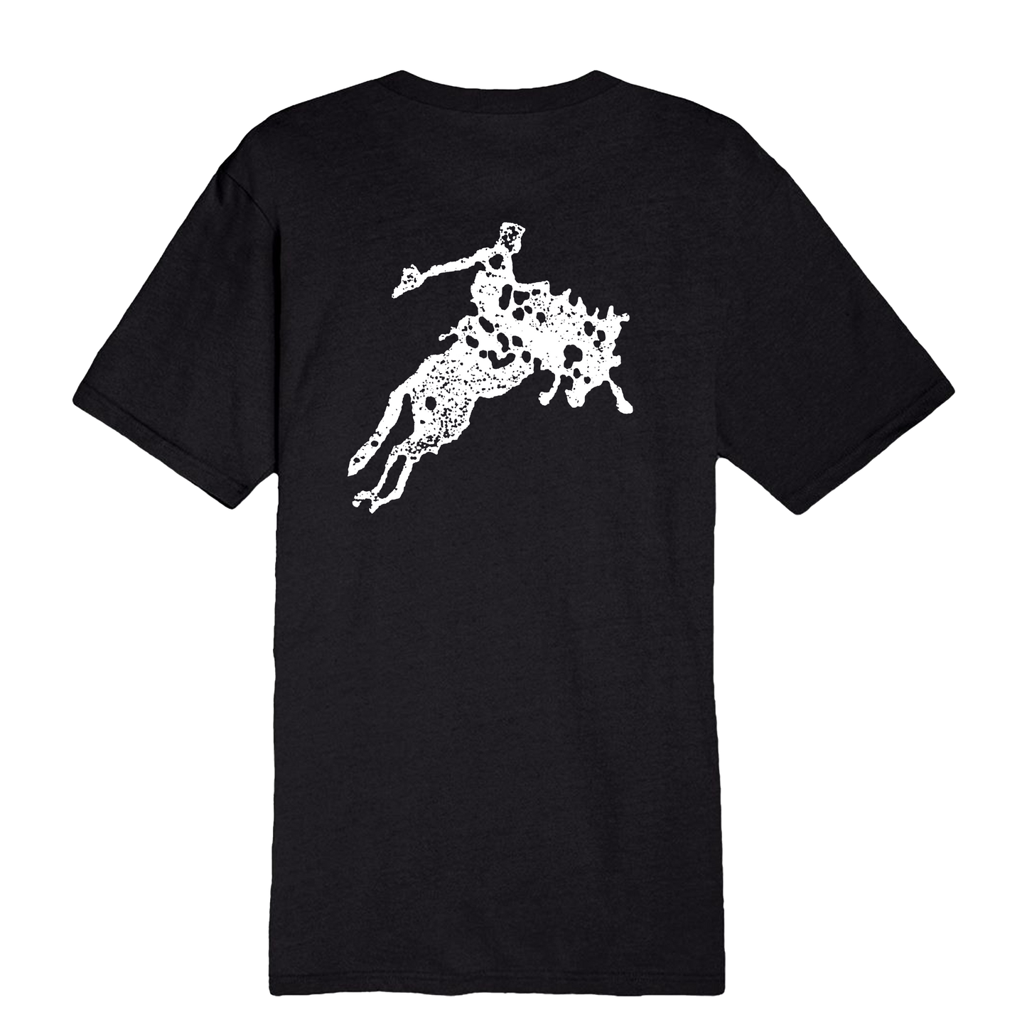 Black t-shirt with white graphic of a person riding a bull on the back