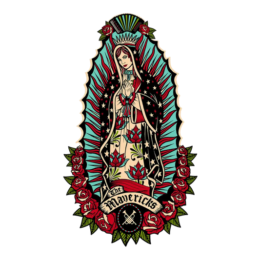 Stylized illustration of the Virgin of Guadalupe surrounded by roses and decorative elements.