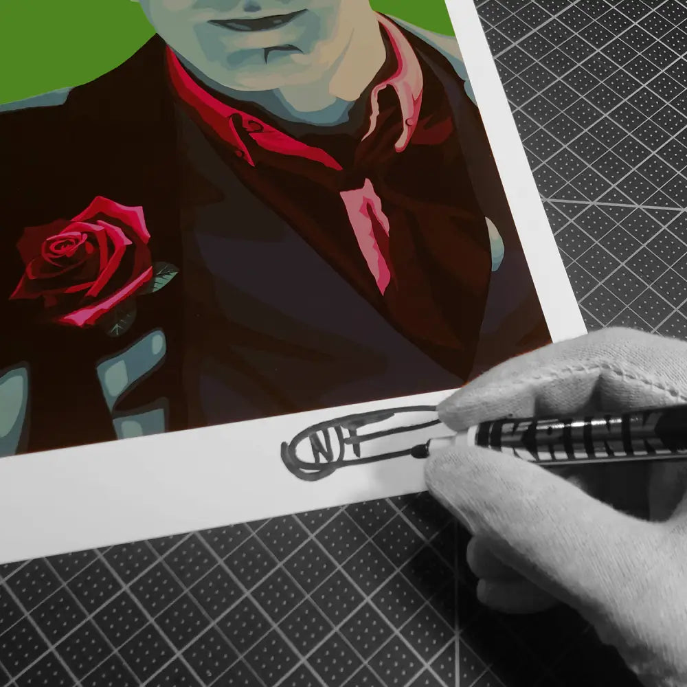 Hand drawing a trumpet on a white border of a photograph showing a person wearing a dark jacket with a red rose.