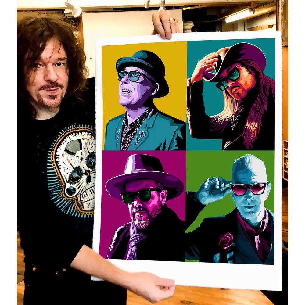 Colorful pop art-style portrait collage featuring four distinct stylized figures wearing hats and sunglasses.