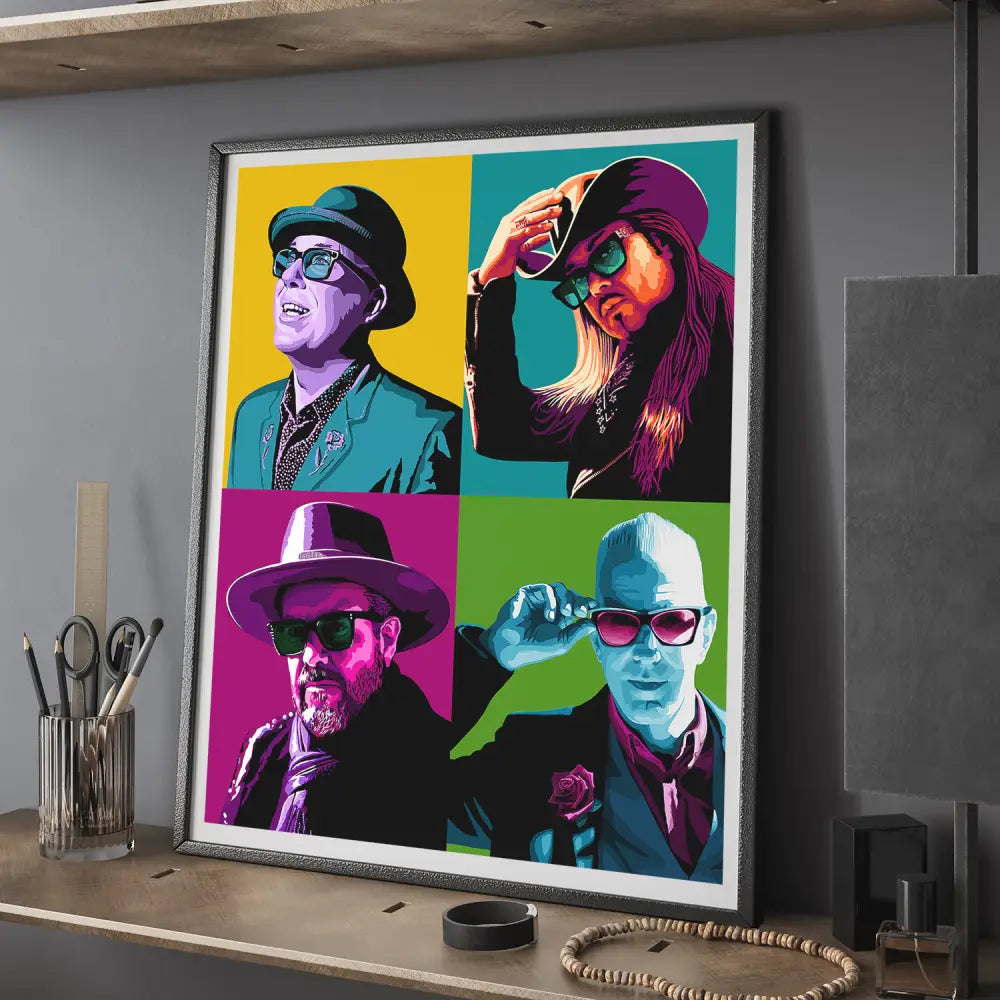 Colorful pop art-style portrait featuring four distinct images of men wearing hats and sunglasses in vibrant, contrasting colors.