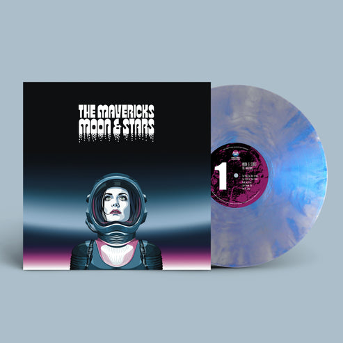 Vinyl record with an astronaut design and 'The Mavericks Moon & Stars' text on a gray background