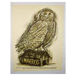 Owl perched on a box labeled ’The Mavericks’ in a sketched artistic style.