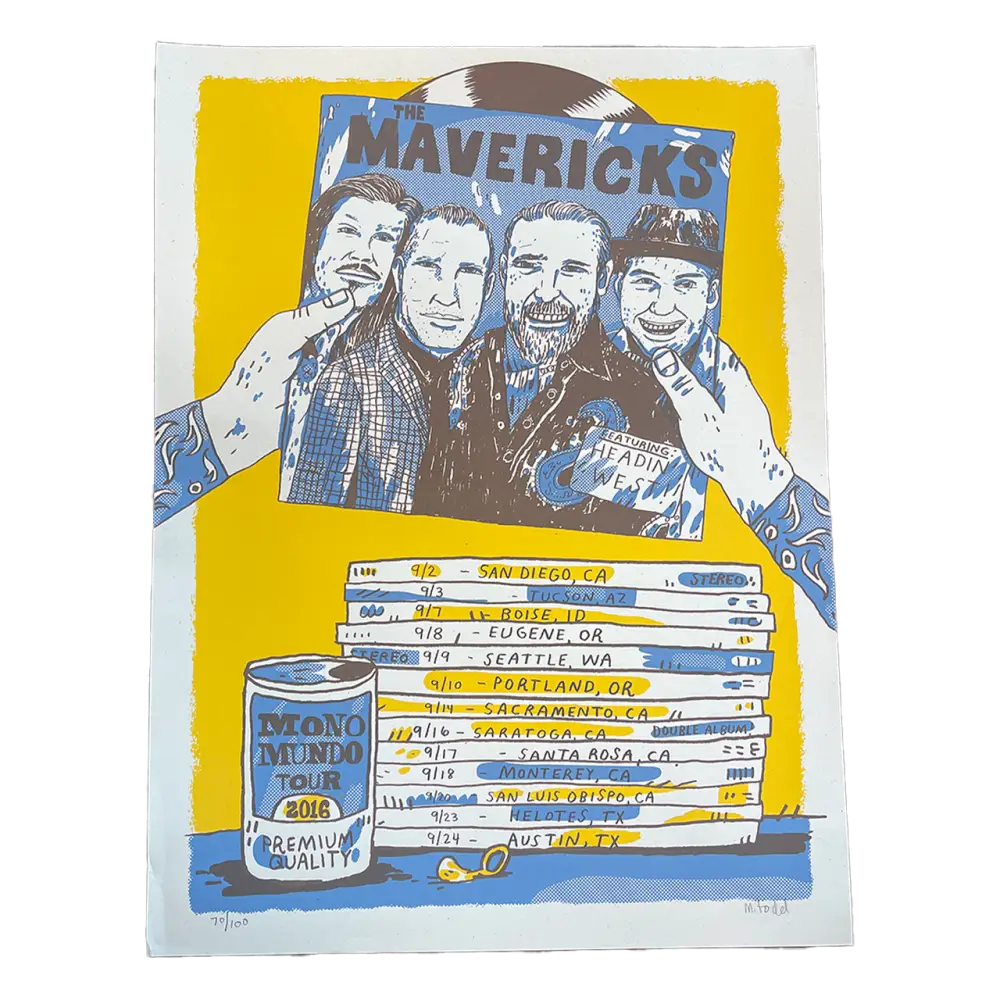 Poster featuring a band photo and album collection with a yellow background.