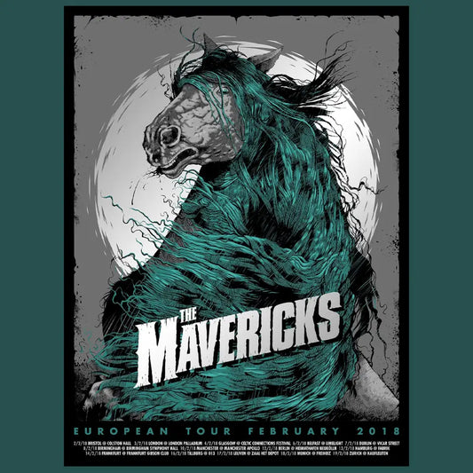 Stylized teal horse with a wild mane against a circular backdrop, accompanied by text for ’The Mavericks’ European tour.