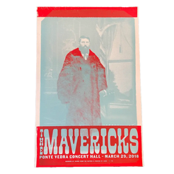 Concert poster for The Mavericks featuring a faded red-tinted photograph of a person in a long coat.