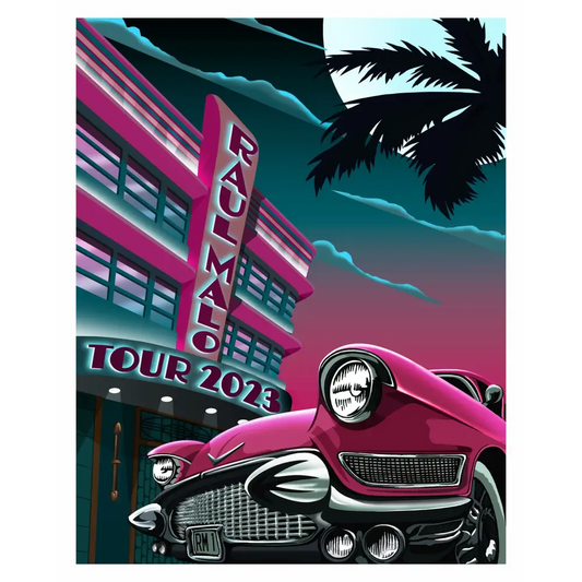 Vintage pink car with chrome details parked in front of a neon-lit ’Raumag Tour 2023’’ sign.