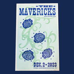 Concert poster for The Mavericks featuring blue floral designs on a light green background.