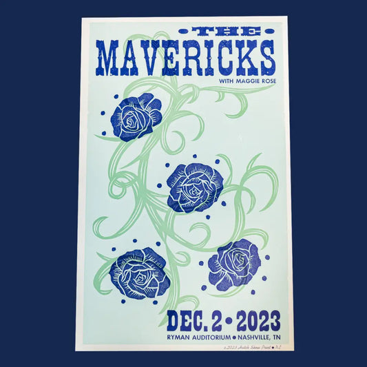 Concert poster for The Mavericks featuring blue floral designs on a light green background.