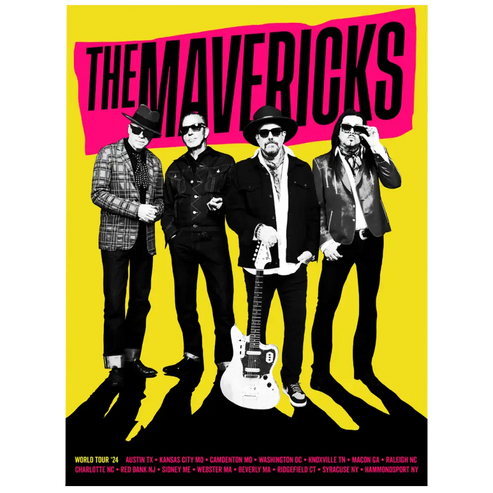 Promotional poster for a music group called The Mavericks featuring four band members and an electric guitar.