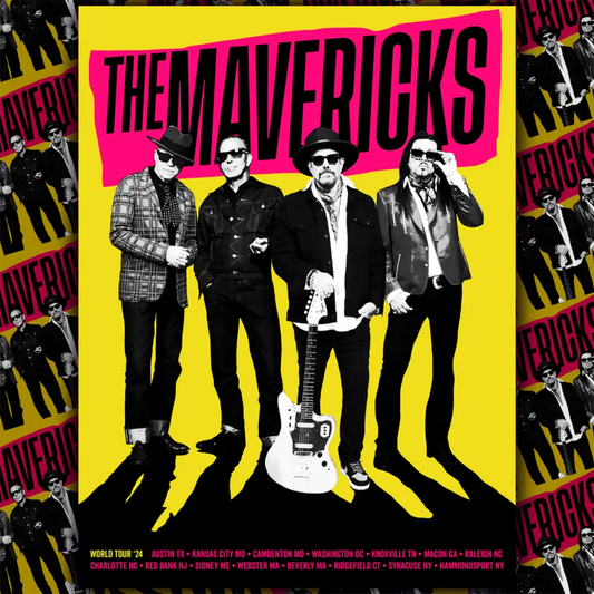 Album cover for a band called The Mavericks featuring four silhouetted figures against a yellow background.