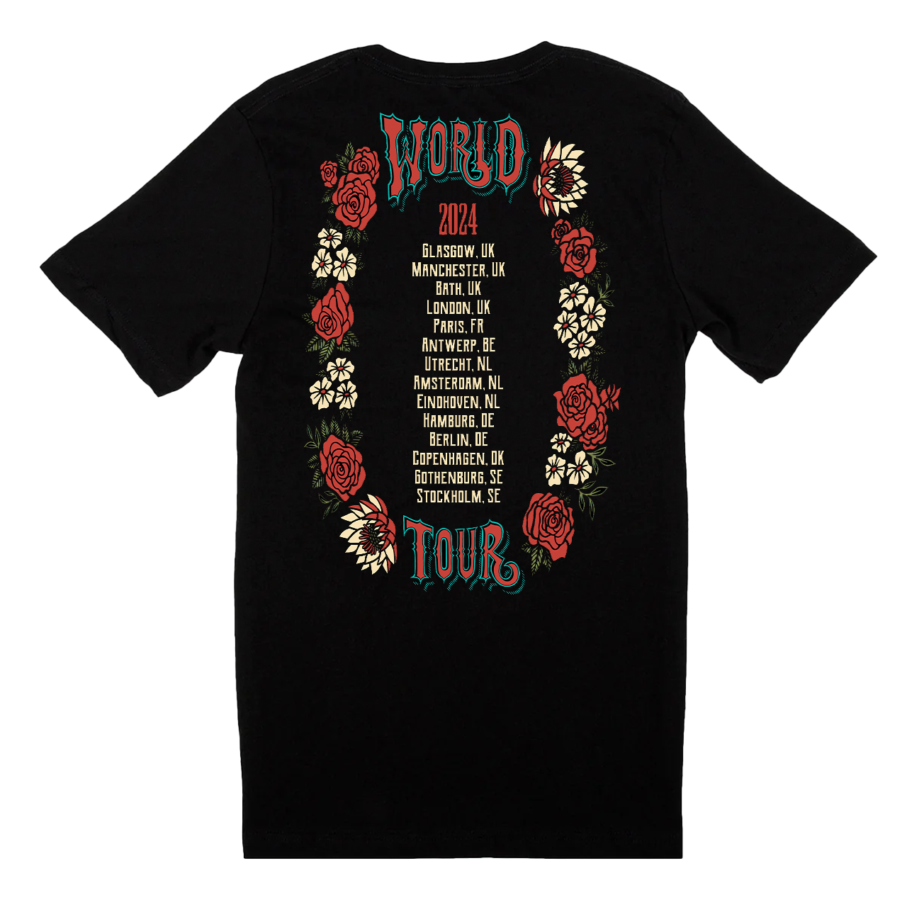 Black t-shirt with colorful ’World Tour’ design featuring roses and tour dates.