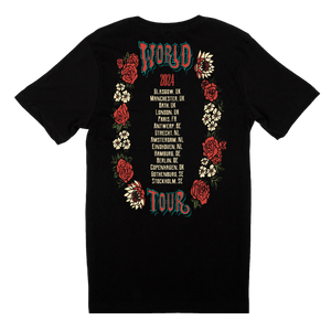 Black t-shirt with colorful ’World Tour’ design featuring roses and tour dates.