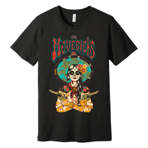 Black t-shirt featuring a colorful Day of the Dead-style skeleton design with ’The Mavericks’ text.