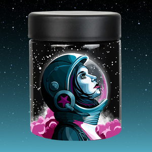 Cylindrical container with a cosmic-themed illustration of a space-suited figure on its surface.