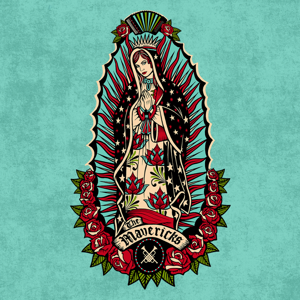 Stylized illustration of the Virgin of Guadalupe surrounded by roses and decorative elements.