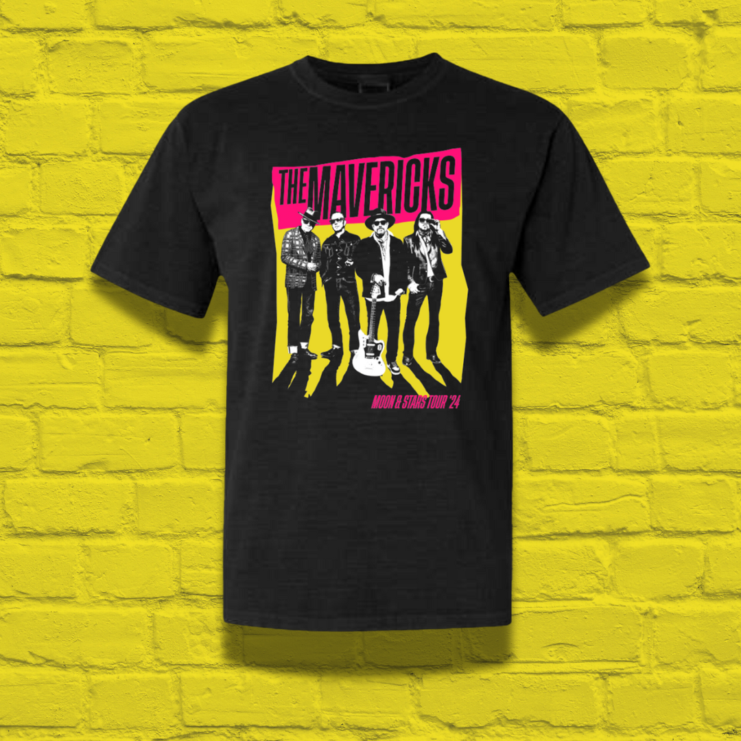 Black t-shirt featuring a colorful graphic design of a rock band called ’The Mavericks’.