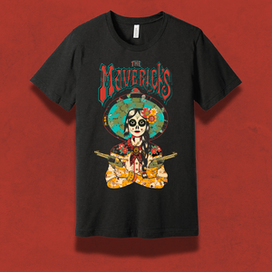 Black t-shirt featuring a colorful Day of the Dead-style skeleton design with ’The Mavericks’ text.