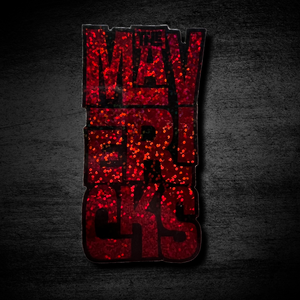 Red glittery text spelling ’MAVERICKS’ vertically on a dark background.