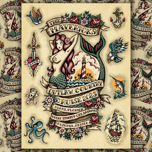 Vintage-style tattoo flash sheet featuring a mermaid as the central design, surrounded by various nautical and traditional tattoo motifs.