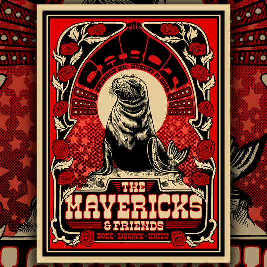 A vintage-style illustrated poster featuring a black seal seated in front of a red and cream decorative arch with roses and stars. The poster reads “The Mavericks & Friends”