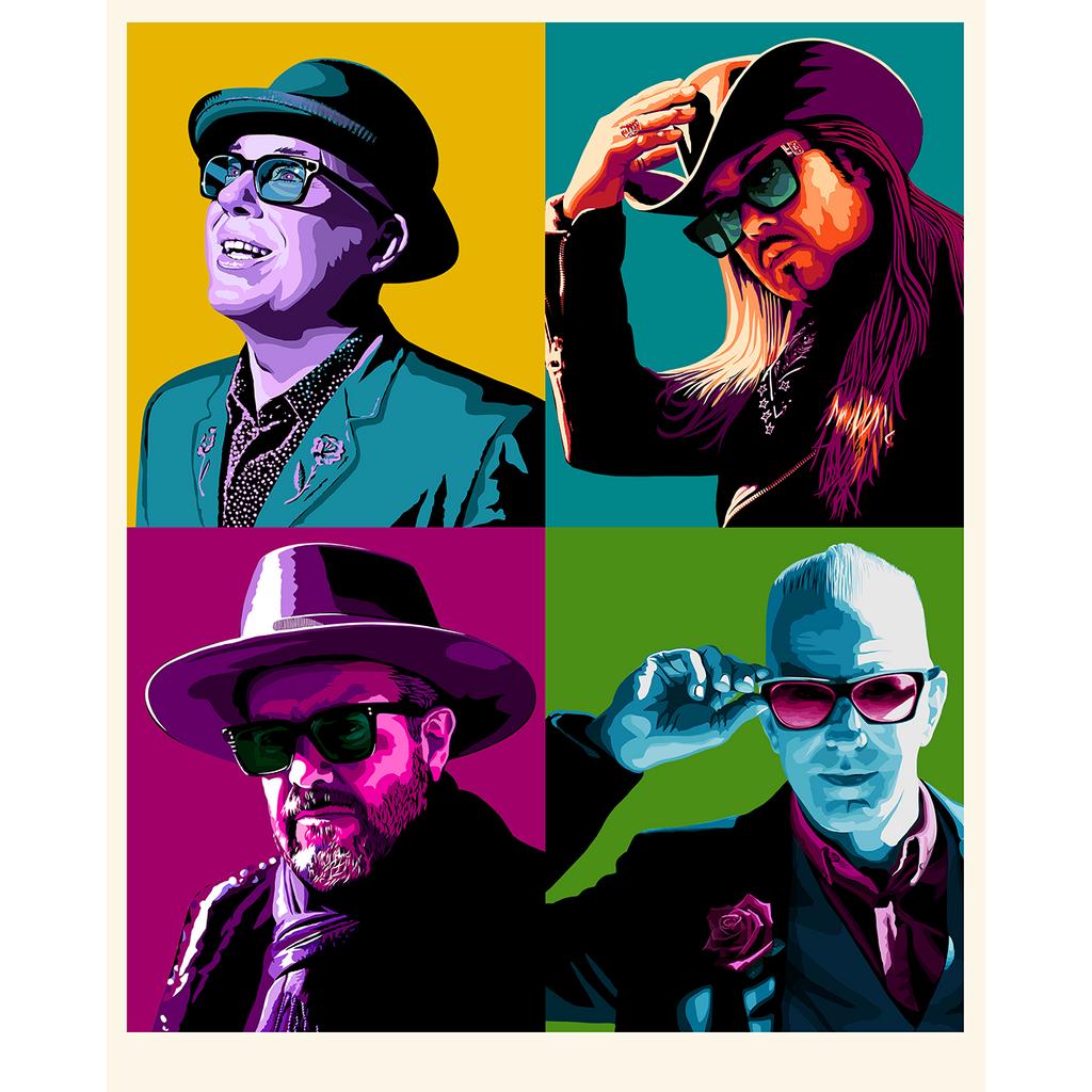 Pop art-style portrait grid featuring four colorful headshots of people wearing hats and sunglasses.