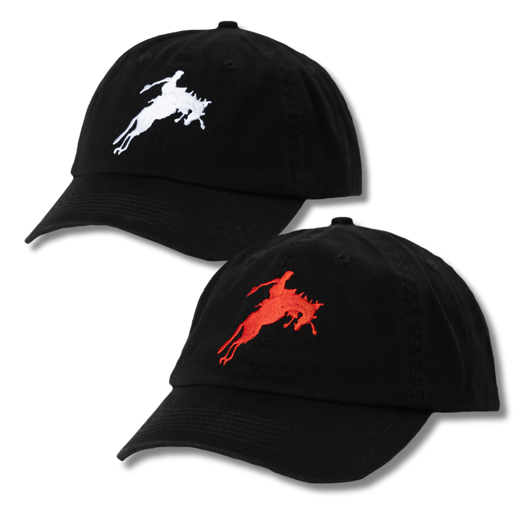 Two black baseball caps with silhouettes of bucking horses on the front.