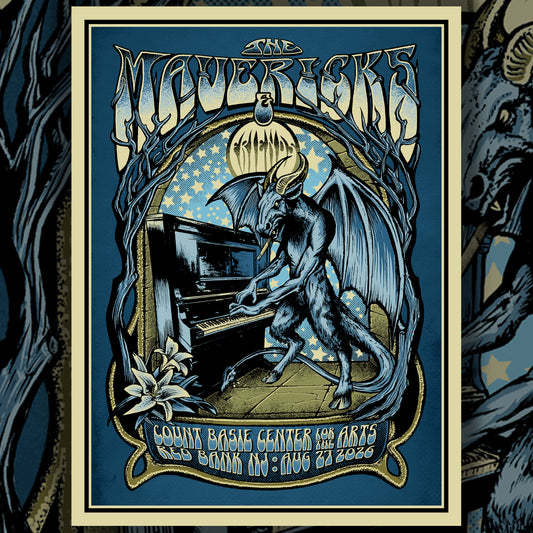 A poster for the band The Mavericks, featuring a detailed illustration of a blue dragon playing a grand piano under a starry sky. The poster has a cream border and is displayed against a dark, textured background.