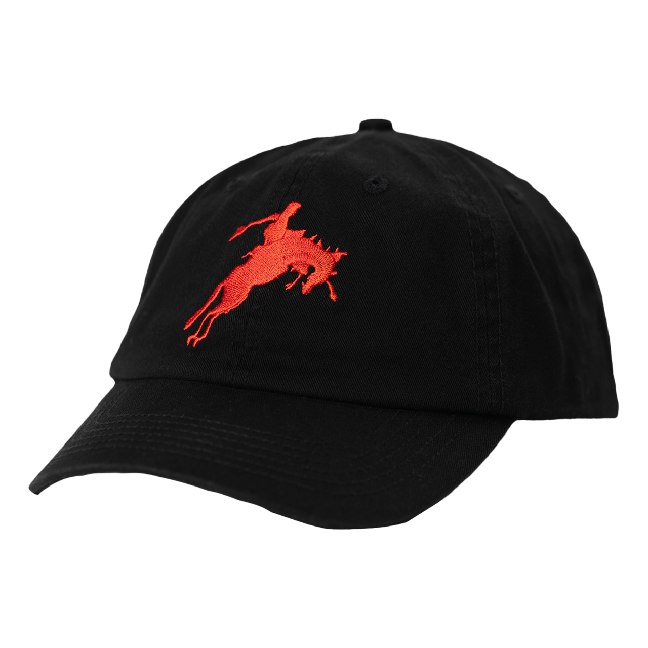 Black baseball cap with a red bucking horse logo.