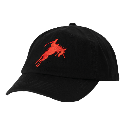 Black baseball cap with a red bucking horse logo.