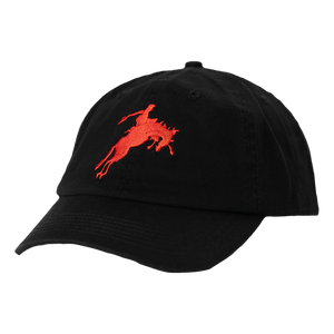 Black baseball cap with a red bucking horse logo.