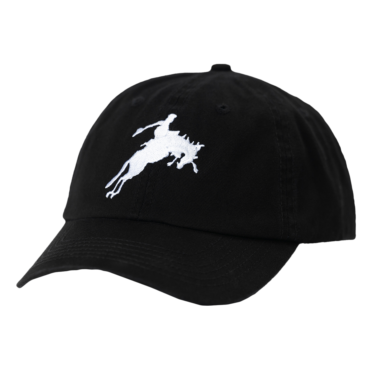 Black baseball cap with a white silhouette of a rodeo cowboy on a bucking horse.