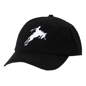 Black baseball cap with a white silhouette of a rodeo cowboy on a bucking horse.