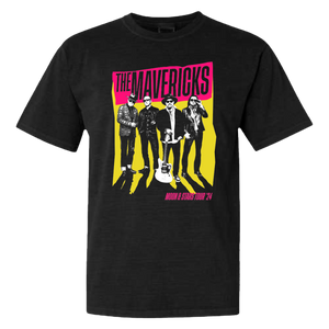 Black t-shirt featuring a colorful graphic design of a rock band called ’The Mavericks’.