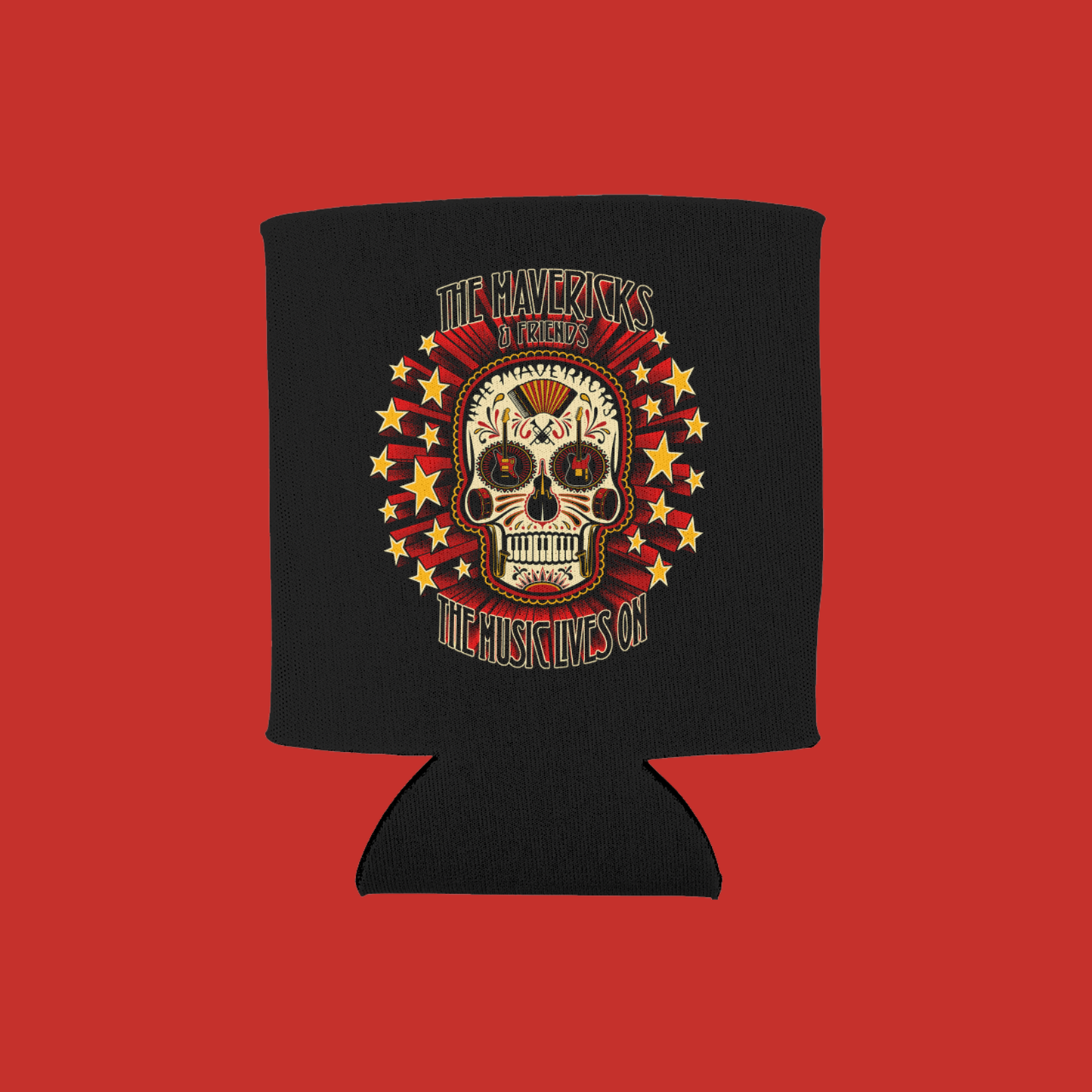 A black beverage can cooler sleeve featuring a colorful graphic of a sugar skull surrounded by red and yellow stars, with the text 'THE MAVERICKS & FRIENDS' and 'THE MUSIC LIVES ON' in outlined lettering
