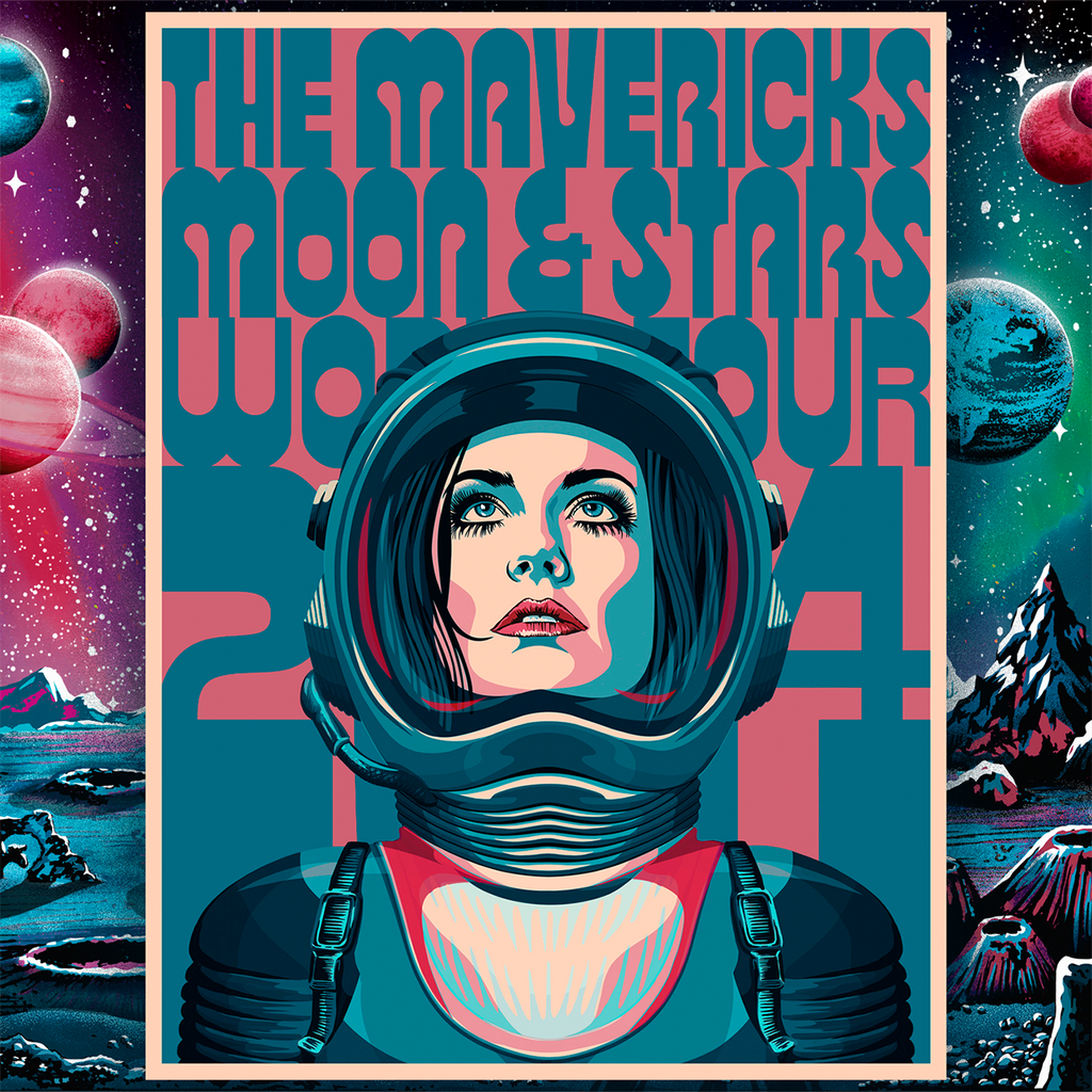 Retro-style poster featuring an astronaut in a spacesuit helmet against a cosmic backdrop.