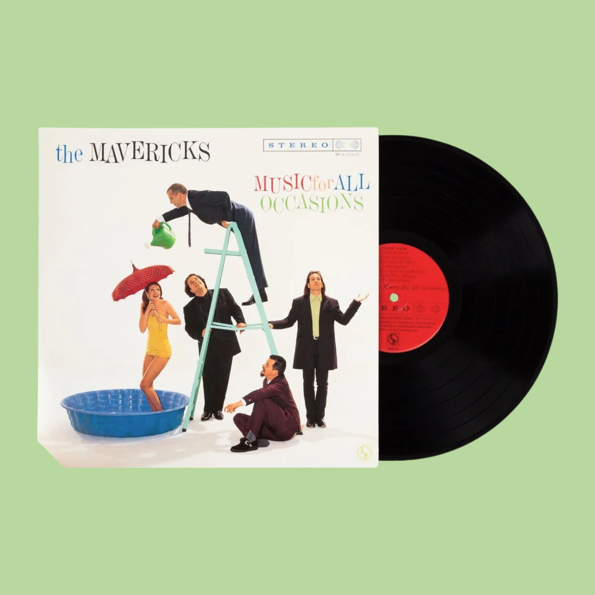 Vinyl record and cover of 'Music for All Occasions' by The Mavericks on a light green background