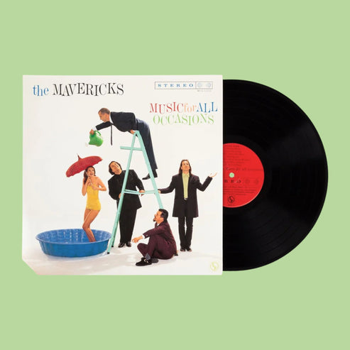 Vinyl record and cover of 'Music for All Occasions' by The Mavericks on a light green background