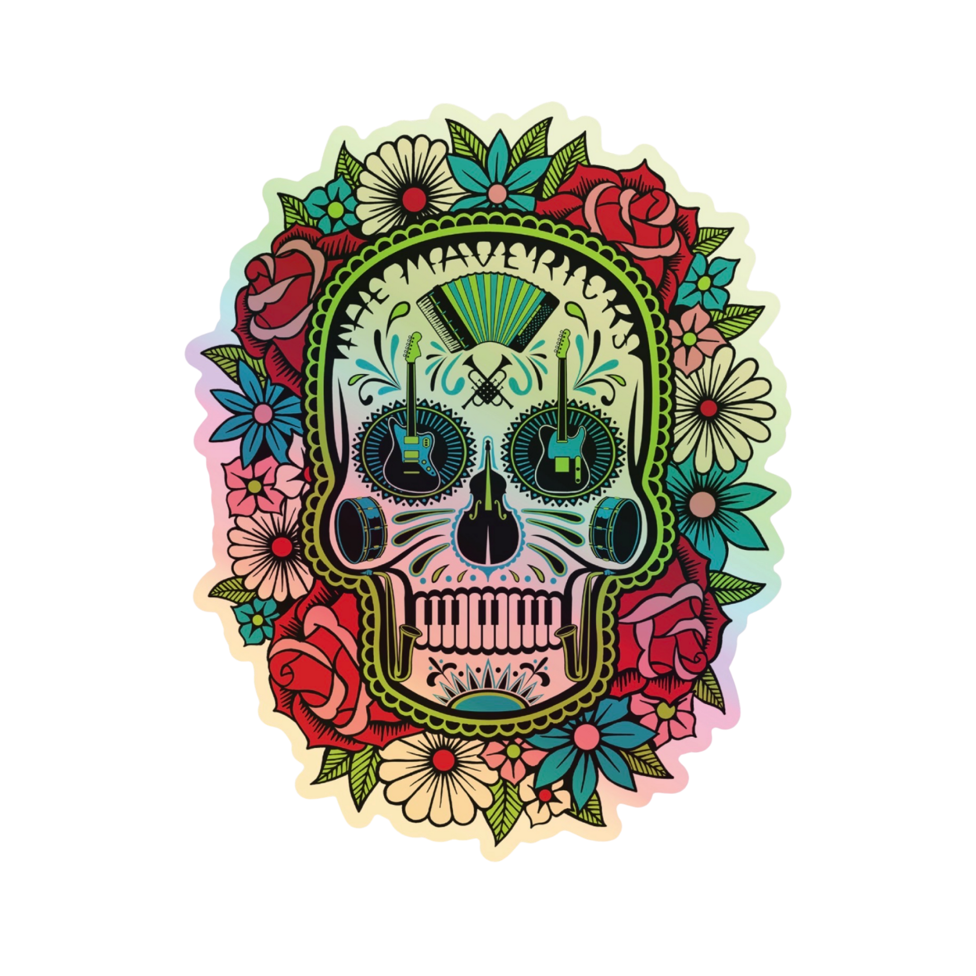 Colorful skull design with floral elements on a white background
