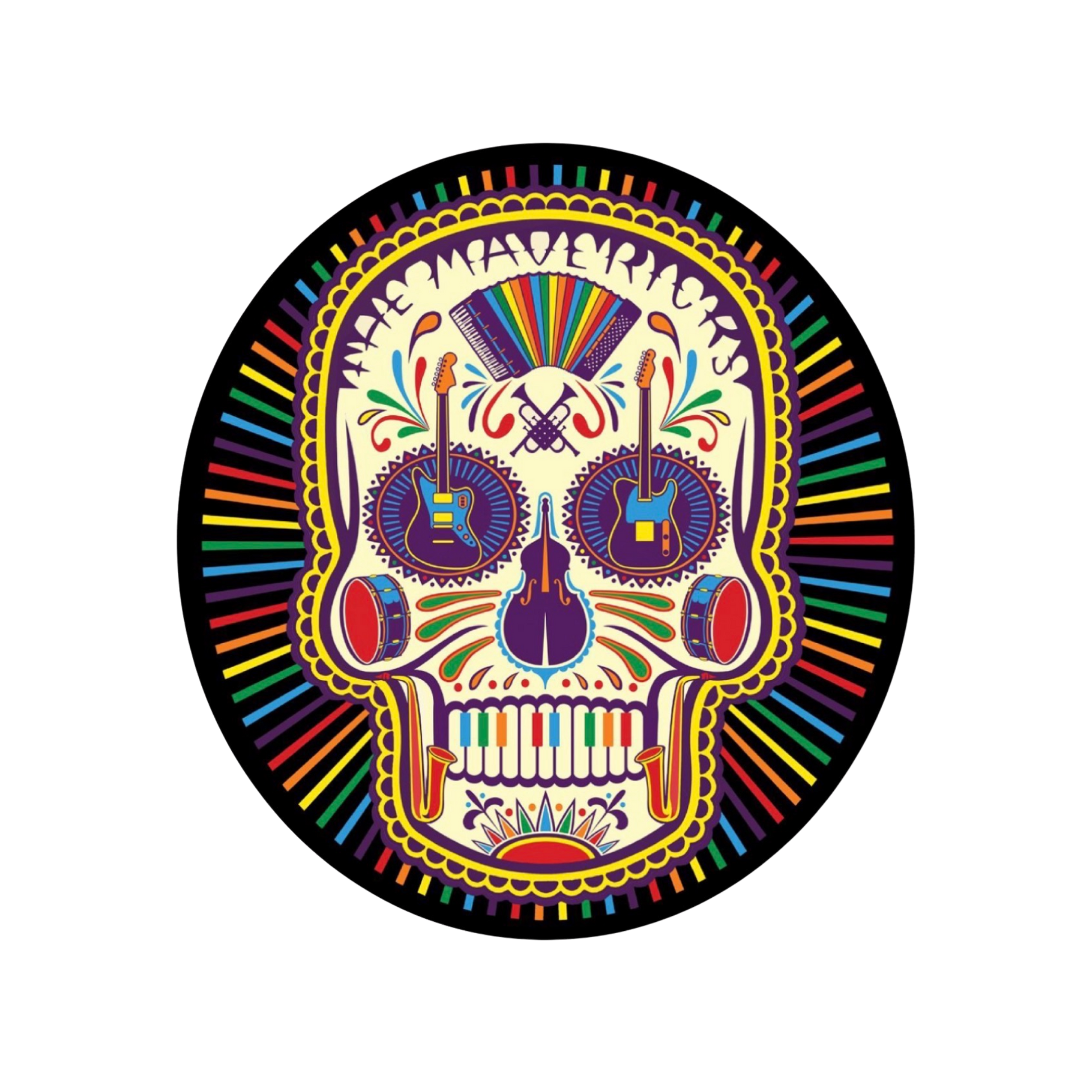 Colorful skull design with guitars and rainbow elements on a black background