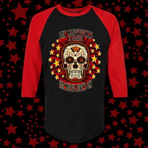 A 3/4 sleeve raglan baseball t-shirt with a black body and red sleeves, featuring a large graphic of a sugar skull with the text 'THE MAVERICKS AND FRIENDS THE MUSIC LIVES ON' on the chest, set against a white background