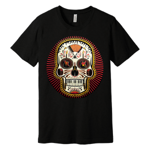 Black t-shirt featuring a colorful sugar skull design.