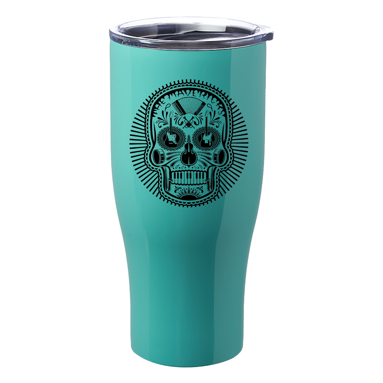 Teal insulated tumbler with a black sugar skull design on the front.