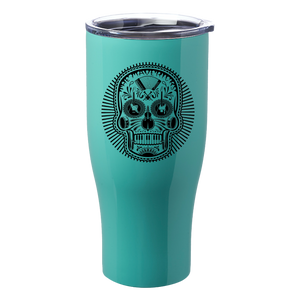 Teal insulated tumbler with a black sugar skull design on the front.