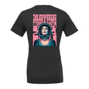 Black t-shirt with a pink and teal graphic design featuring an astronaut helmet.