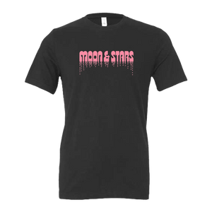 Black t-shirt with pink ’MOON & STARS’ text dripping downward.